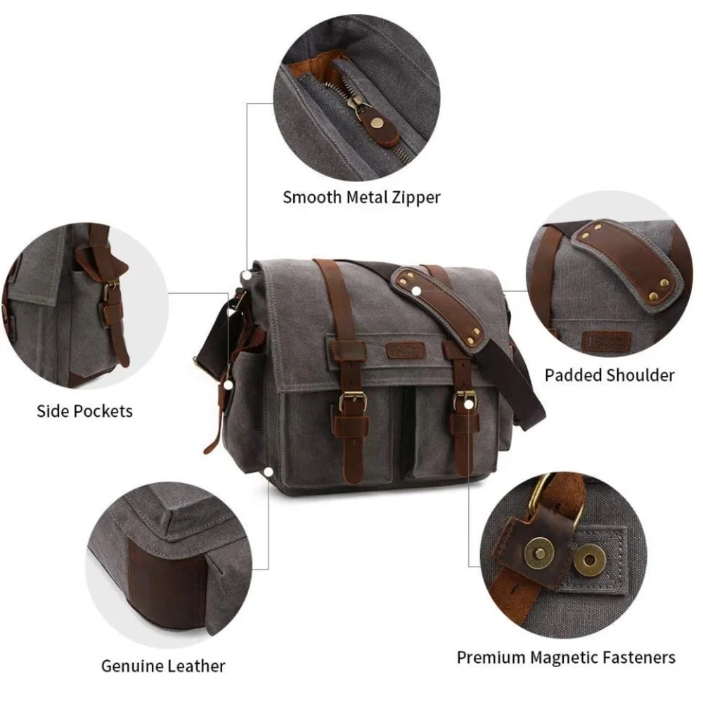 Kattee Leather Canvas Camera Bags for Men Vintage DSLR SLR Messenger Shoulder...